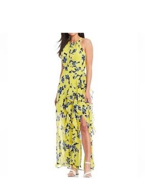 Eliza J NWT Halter Ruffle Maxi Dress Size 10 Sleeveless Chiffon Gown Yellow Blue